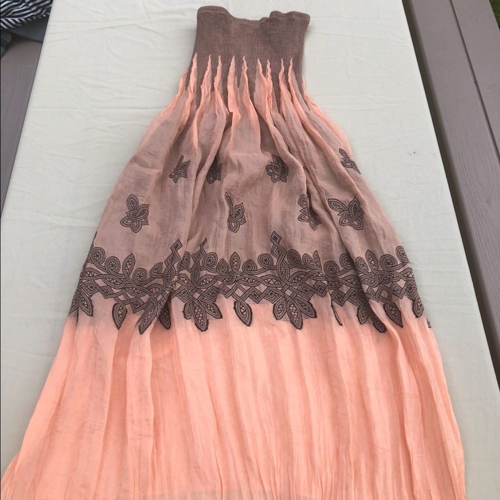 peach and brown dress